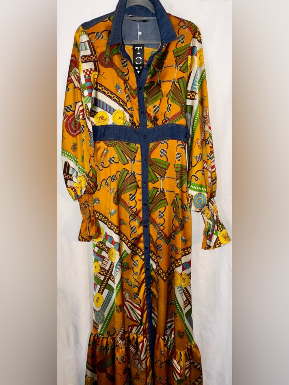TOV Holy Patterned Maxi Shirt Button Dress With Denim Trim Size 40 New With Tag - Picture 2 of 11